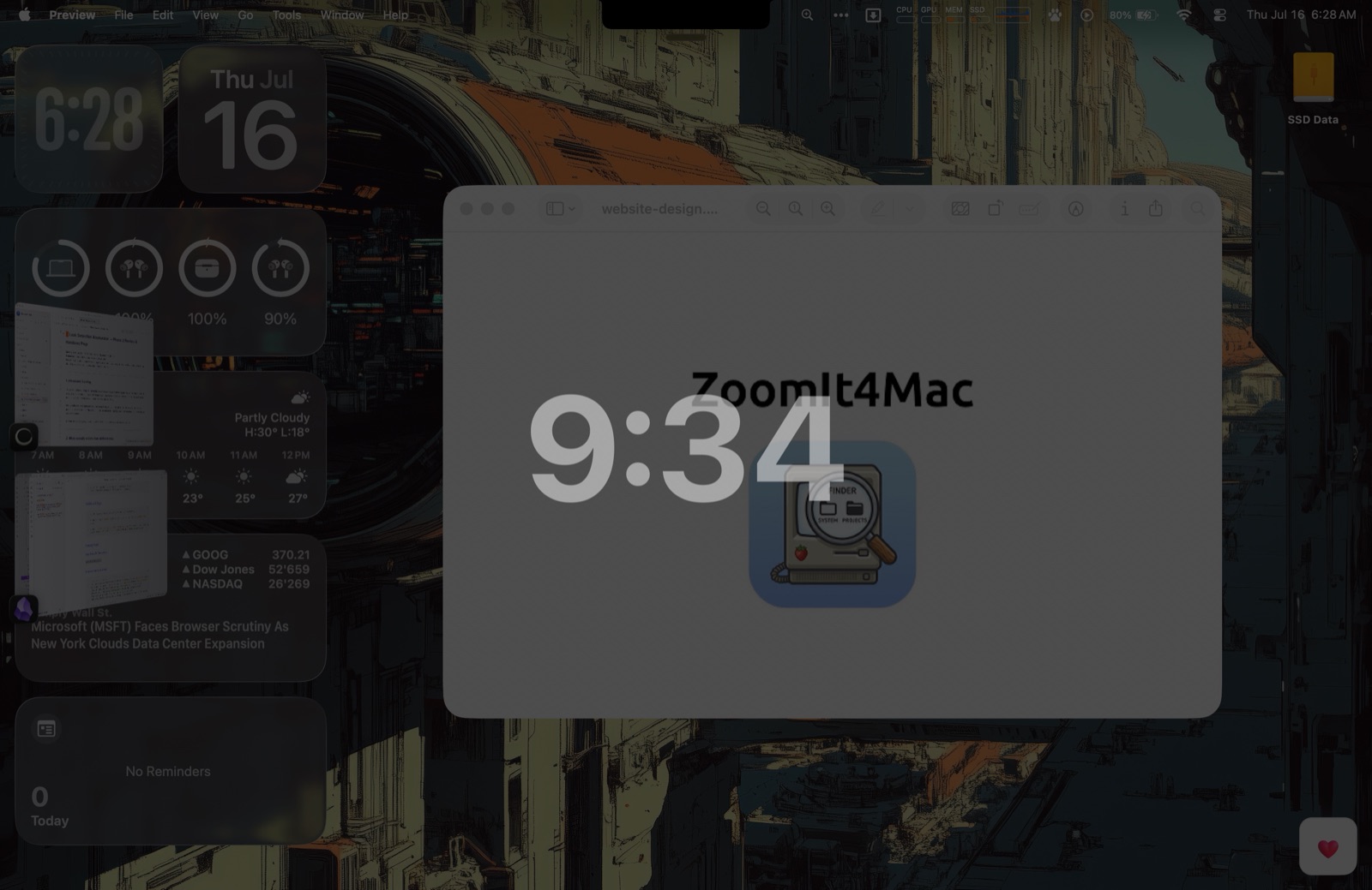 A large countdown timer over a faded desktop