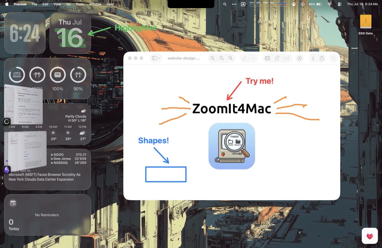 ZoomIt4Mac draw mode: arrows, shapes and highlighter strokes over a desktop, with a blurred region hiding text