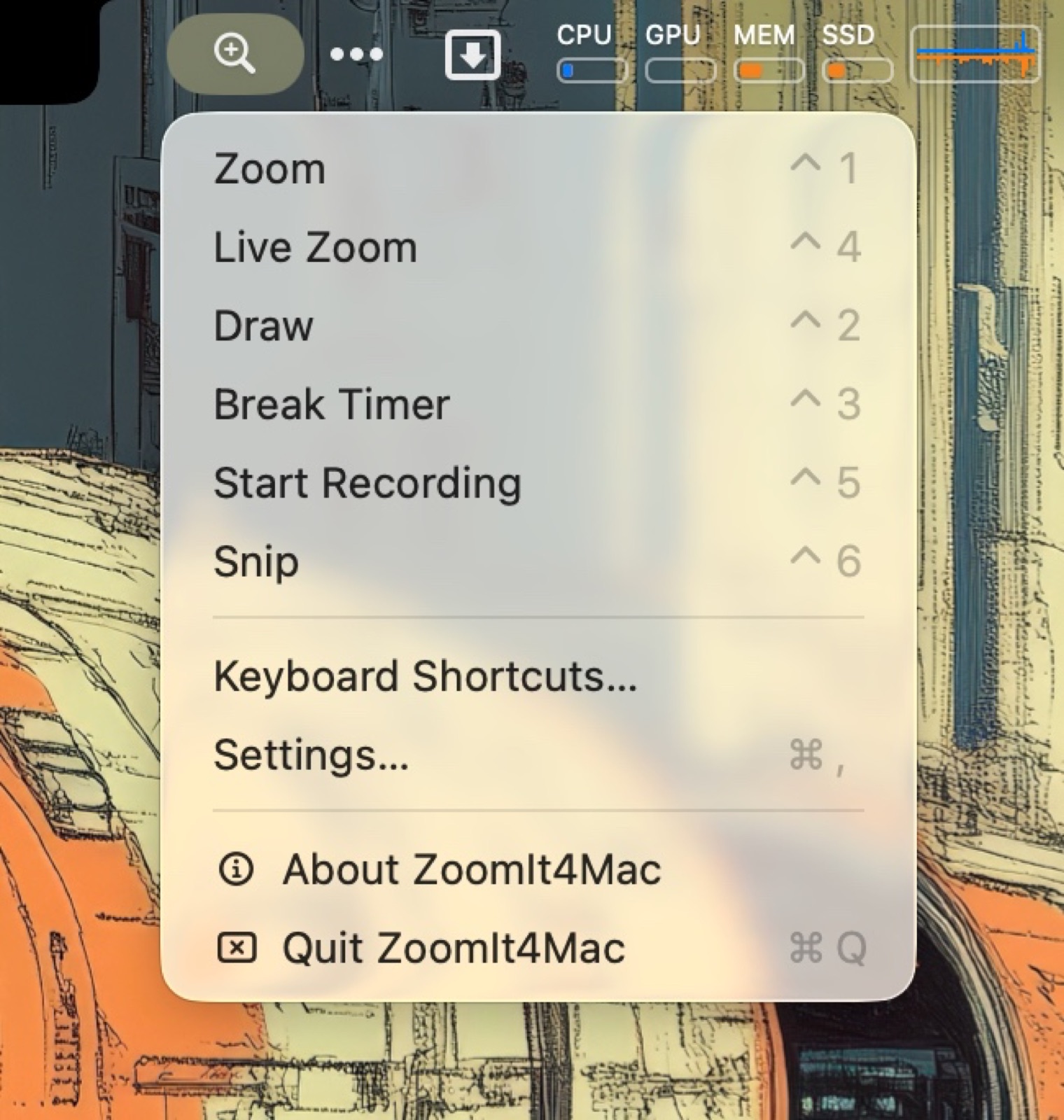 The ZoomIt4Mac menu bar menu with all commands