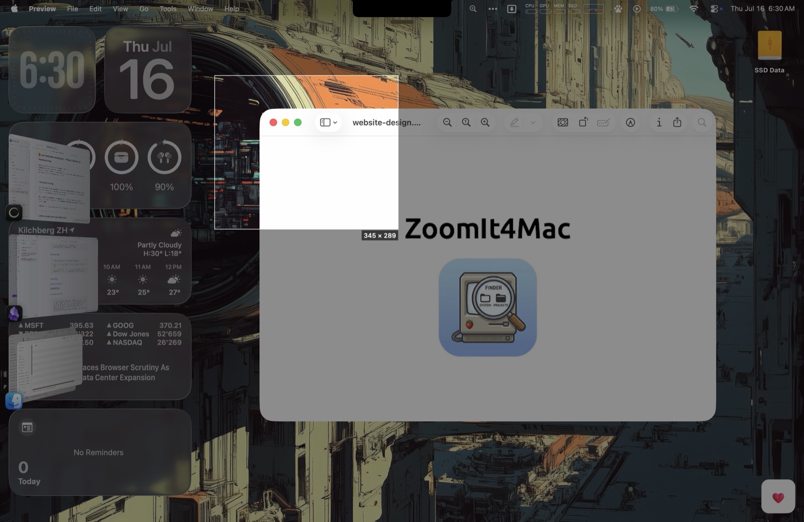 A bright selection rectangle over a dimmed screen with size label